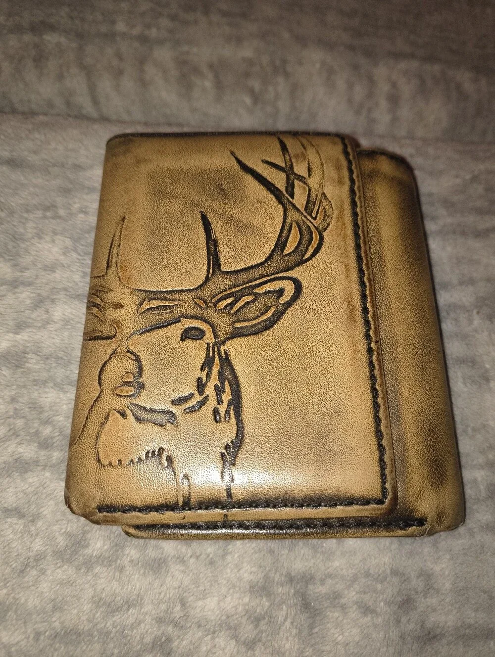 Men's Tan Leather Bifold Wallet with Embossed Deer